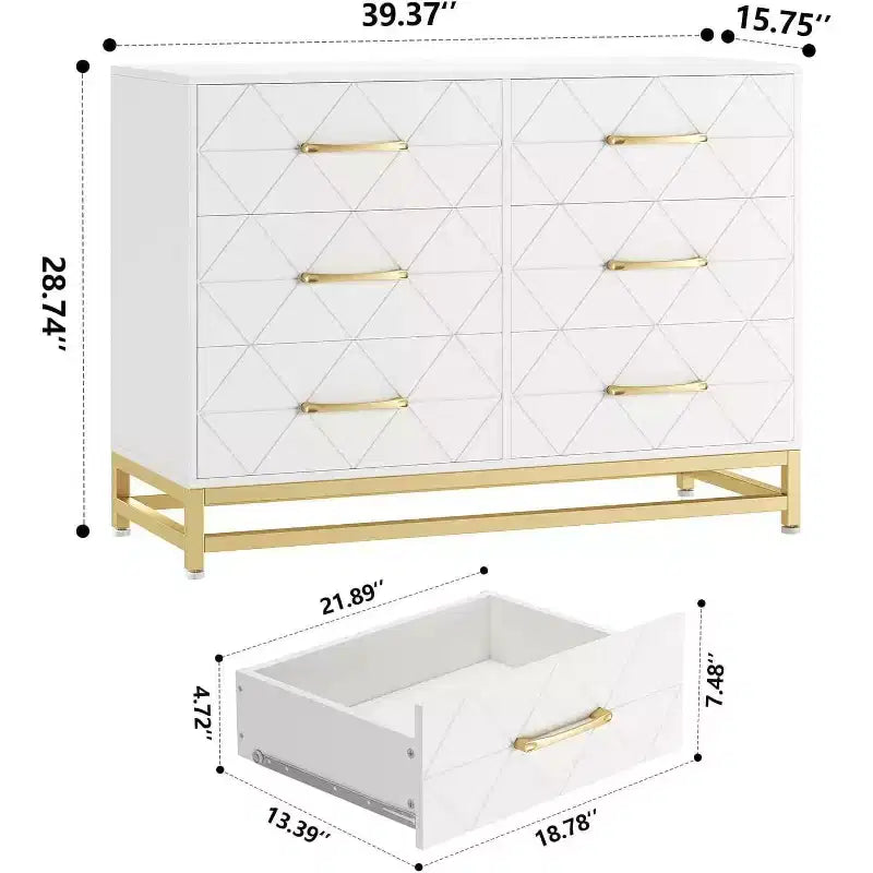 Modern 6 Drawer Wood TV Stand, Entertainment Console Table with Storage for Bedroom, Living Room, Entryway, Hallway, Nursery, Media Cabinet