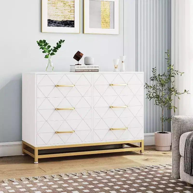 Modern 6 Drawer Wood TV Stand, Entertainment Console Table with Storage for Bedroom, Living Room, Entryway, Hallway, Nursery, Media Cabinet