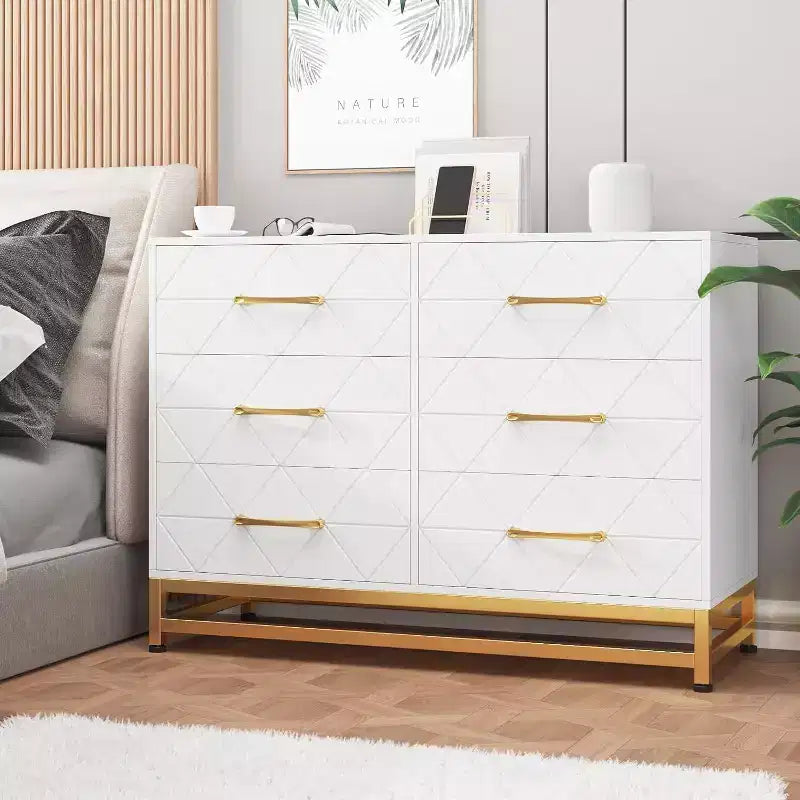 Modern 6 Drawer Wood TV Stand, Entertainment Console Table with Storage for Bedroom, Living Room, Entryway, Hallway, Nursery, Media Cabinet