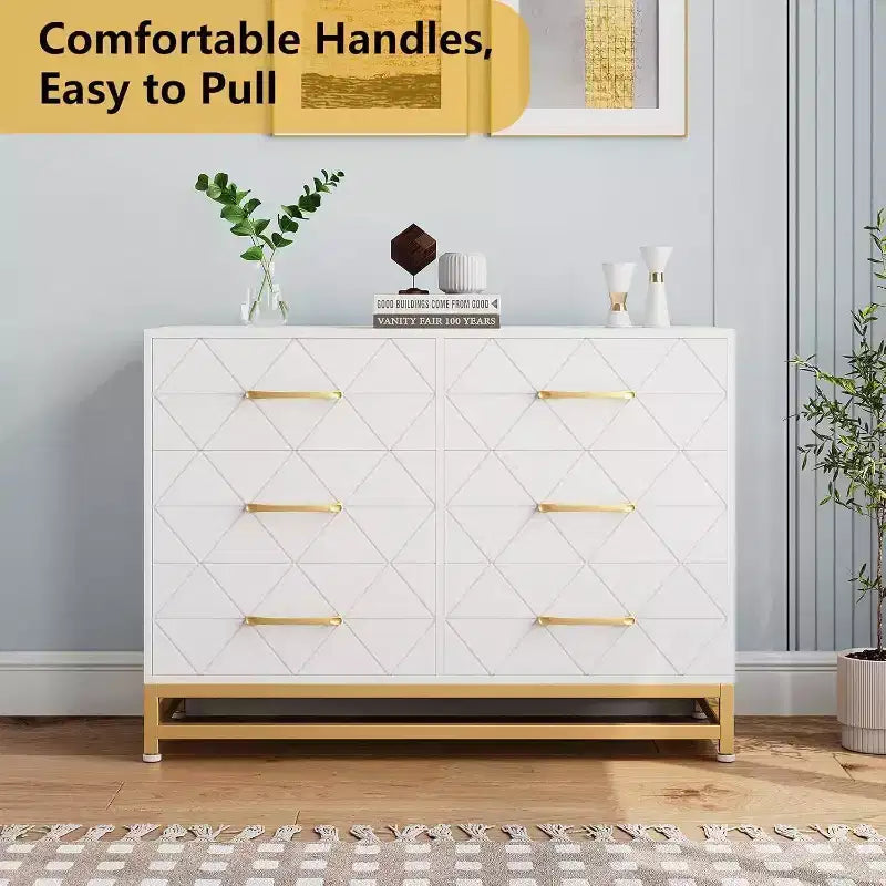 Modern 6 Drawer Wood TV Stand, Entertainment Console Table with Storage for Bedroom, Living Room, Entryway, Hallway, Nursery, Media Cabinet