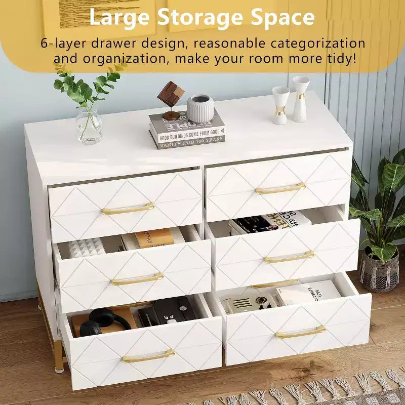 Modern 6 Drawer Wood TV Stand, Entertainment Console Table with Storage for Bedroom, Living Room, Entryway, Hallway, Nursery, Media Cabinet