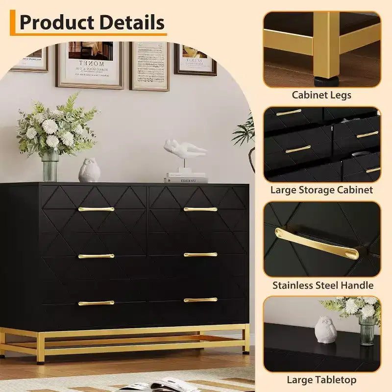 Modern 6 Drawer Wood TV Stand, Entertainment Console Table with Storage for Bedroom, Living Room, Entryway, Hallway, Nursery, Media Cabinet