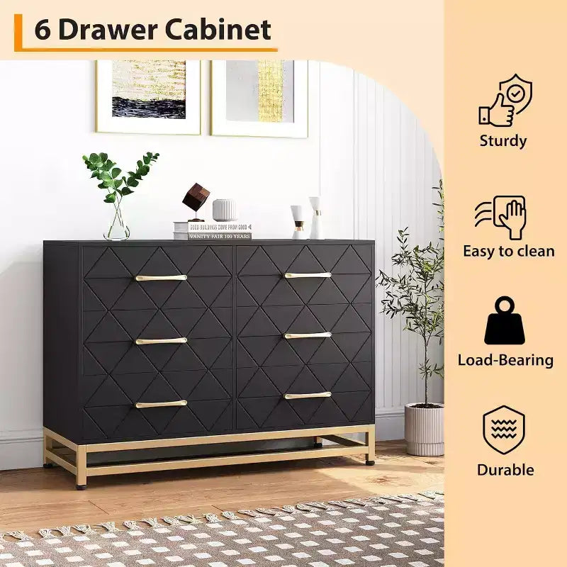 Modern 6 Drawer Wood TV Stand, Entertainment Console Table with Storage for Bedroom, Living Room, Entryway, Hallway, Nursery, Media Cabinet