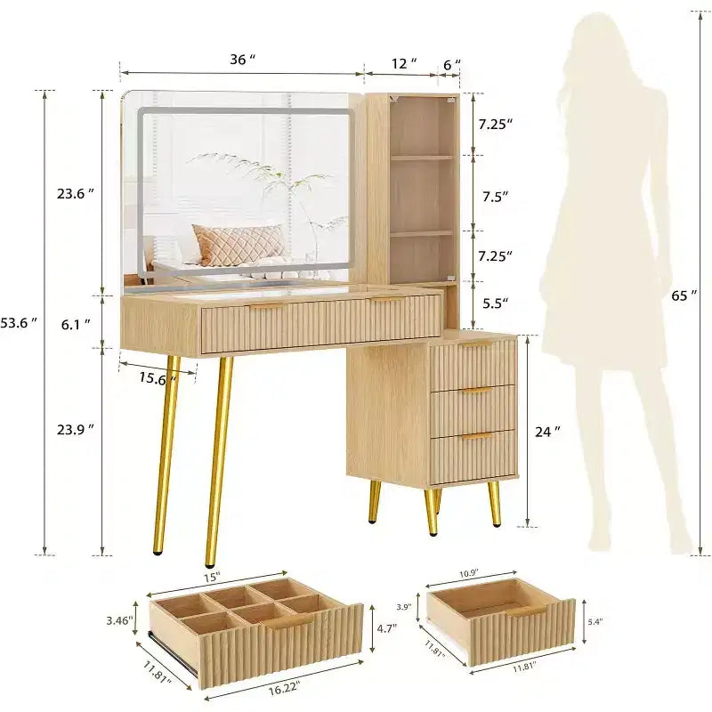 48 Fluted Makeup Vanity Set with 36 LED Mirror, 3 Lighting Modes & Built-in Outlets, Oak