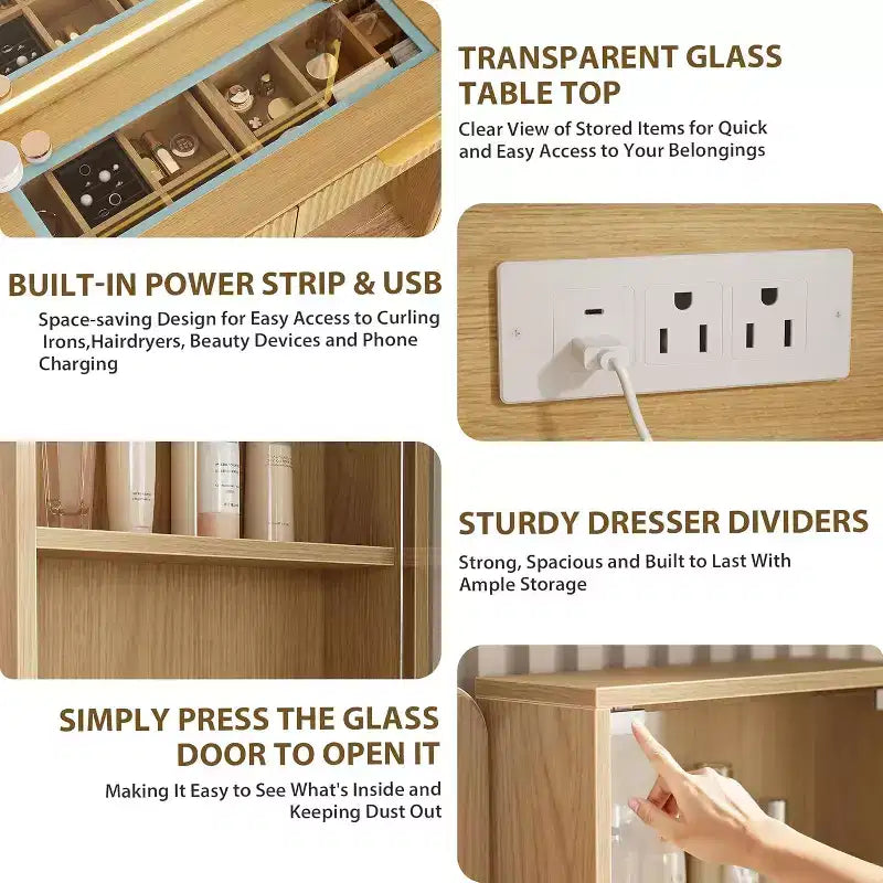 48 Fluted Makeup Vanity Set with 36 LED Mirror, 3 Lighting Modes & Built-in Outlets, Oak
