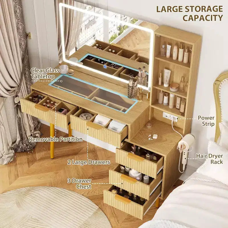 48 Fluted Makeup Vanity Set with 36 LED Mirror, 3 Lighting Modes & Built-in Outlets, Oak