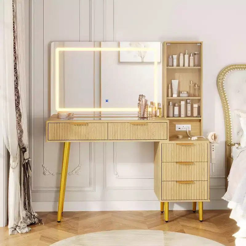 48 Fluted Makeup Vanity Set with 36 LED Mirror, 3 Lighting Modes & Built-in Outlets, Oak