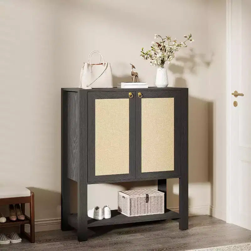 Acekool Rattan Shoe Cabinet, 40in Tall Shoe Storage Organizer with Adjustable Shelves and Open Shelf for Entryway, Grey Oak