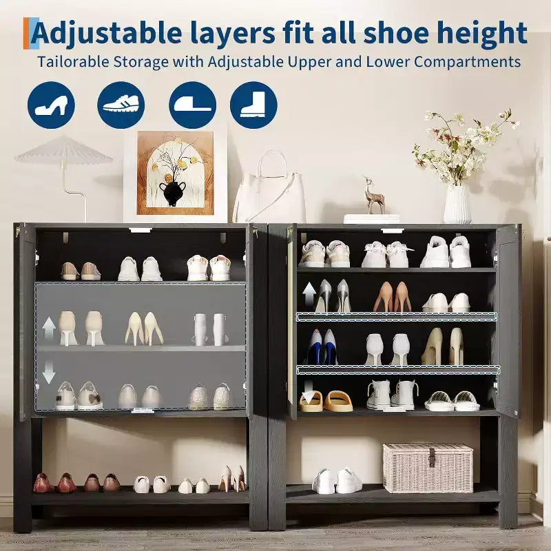 Acekool Rattan Shoe Cabinet, 40in Tall Shoe Storage Organizer with Adjustable Shelves and Open Shelf for Entryway, Grey Oak