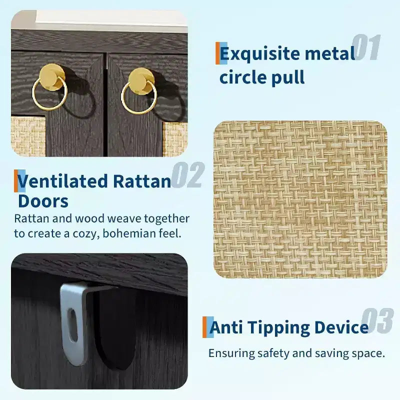 Acekool Rattan Shoe Cabinet, 40in Tall Shoe Storage Organizer with Adjustable Shelves and Open Shelf for Entryway, Grey Oak