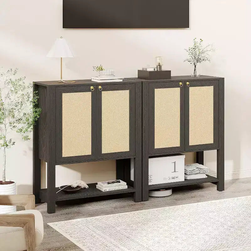 Acekool Rattan Shoe Cabinet, 40in Tall Shoe Storage Organizer with Adjustable Shelves and Open Shelf for Entryway, Grey Oak