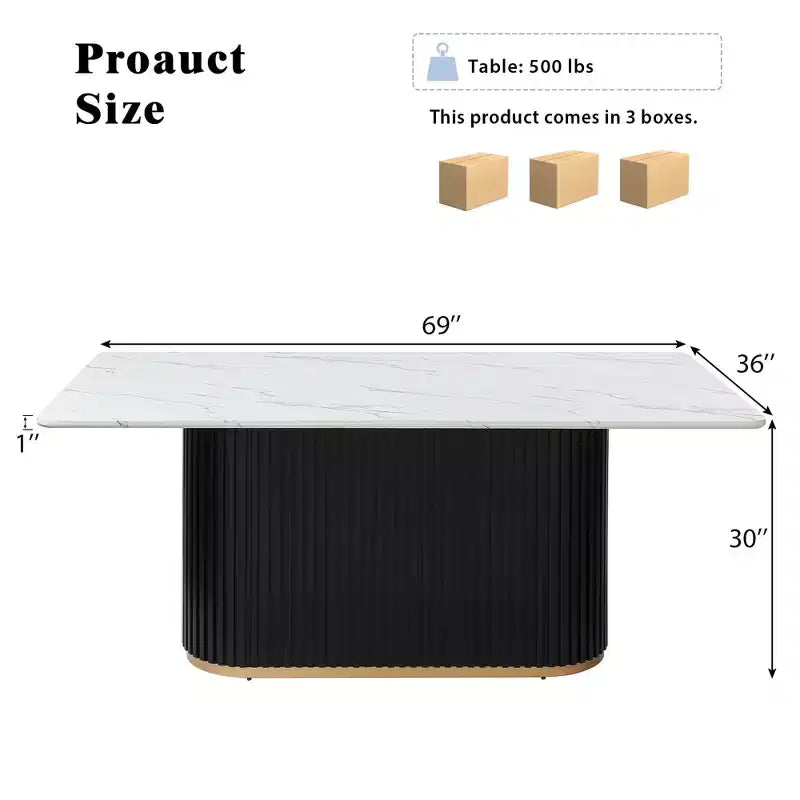 GDFStudio Elijah 69 Inch Rectangular Faux Marble Dining Table with Fluted Metal Base