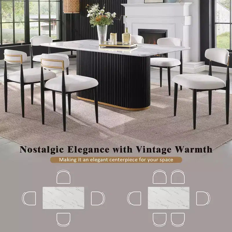 GDFStudio Elijah 69 Inch Rectangular Faux Marble Dining Table with Fluted Metal Base