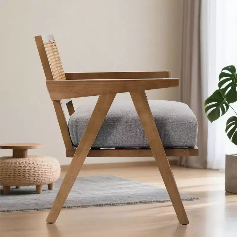 Farmhouse Wood Accent Chair,Mid Century Modern Sofa Chair with Sturdy Wood Legs, Rattan Backrest for Bedroom Living Room
