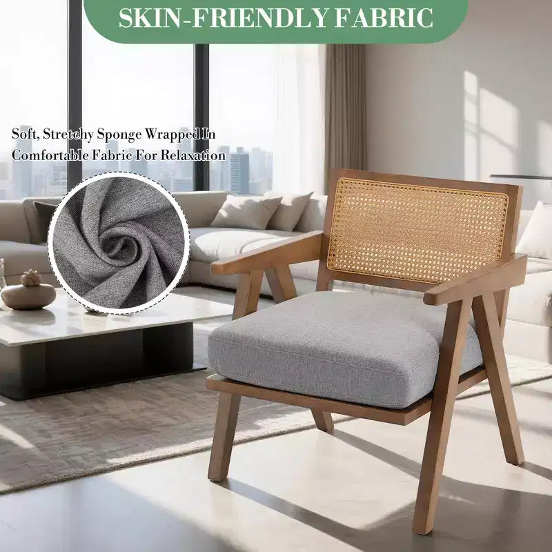 Farmhouse Wood Accent Chair,Mid Century Modern Sofa Chair with Sturdy Wood Legs, Rattan Backrest for Bedroom Living Room
