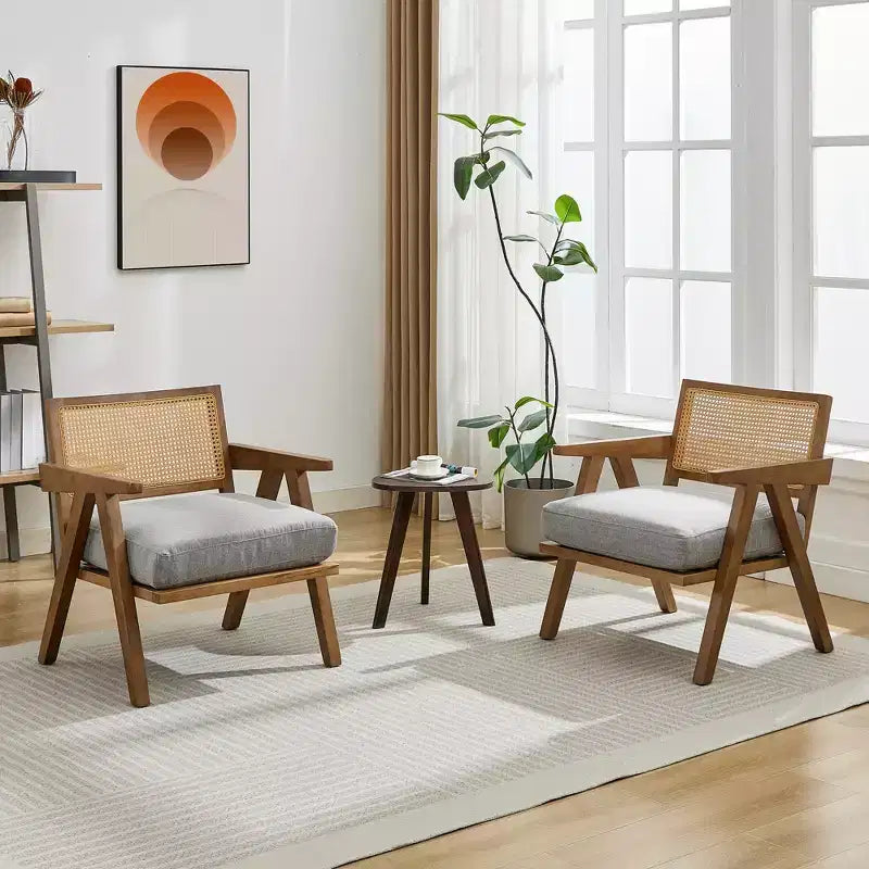 Farmhouse Wood Accent Chair,Mid Century Modern Sofa Chair with Sturdy Wood Legs, Rattan Backrest for Bedroom Living Room