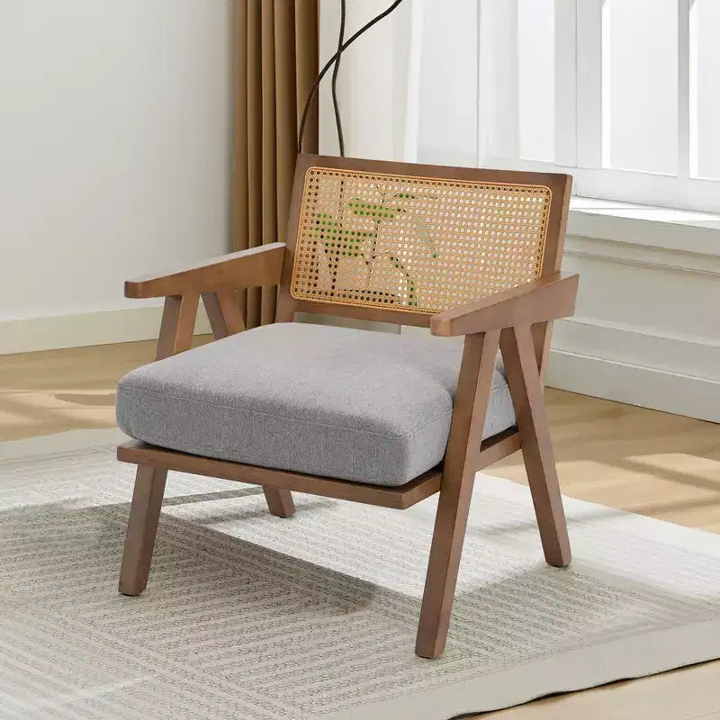 Farmhouse Wood Accent Chair,Mid Century Modern Sofa Chair with Sturdy Wood Legs, Rattan Backrest for Bedroom Living Room