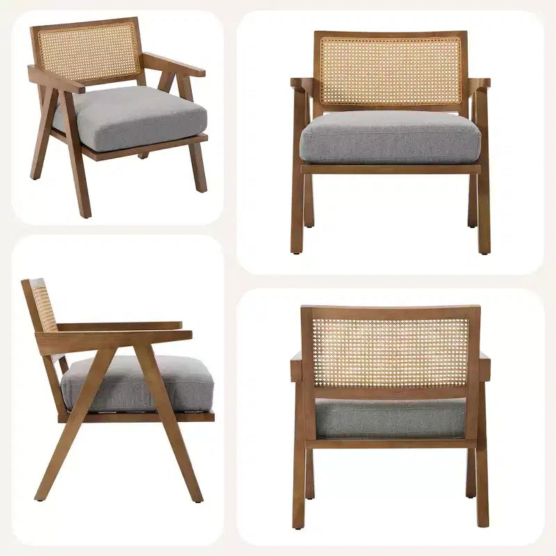 Farmhouse Wood Accent Chair,Mid Century Modern Sofa Chair with Sturdy Wood Legs, Rattan Backrest for Bedroom Living Room