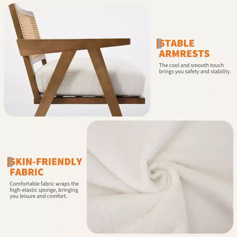 Farmhouse Wood Accent Chair,Mid Century Modern Sofa Chair with Sturdy Wood Legs, Rattan Backrest for Bedroom Living Room