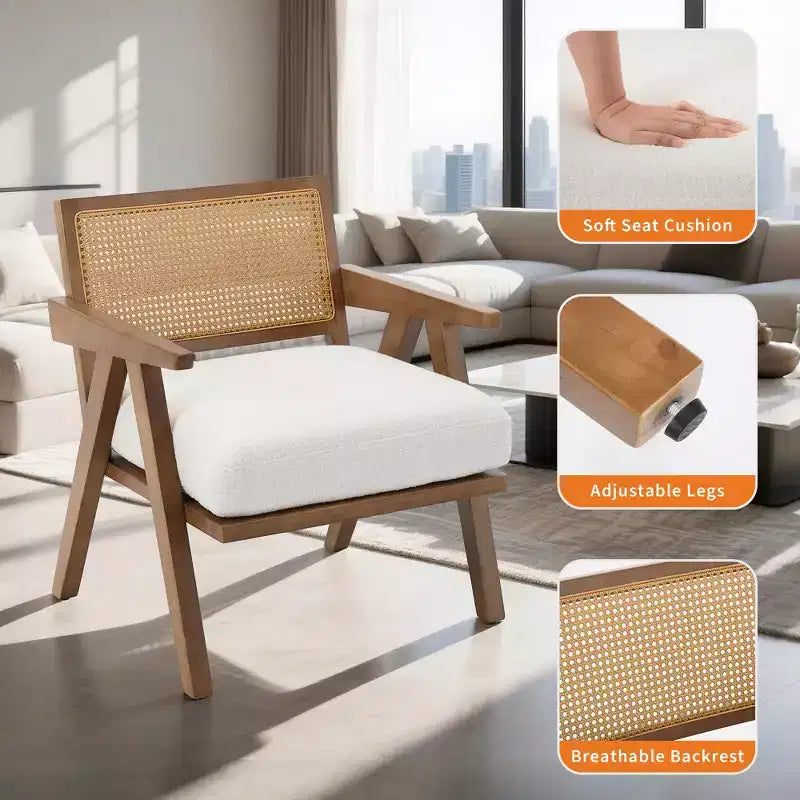 Farmhouse Wood Accent Chair,Mid Century Modern Sofa Chair with Sturdy Wood Legs, Rattan Backrest for Bedroom Living Room