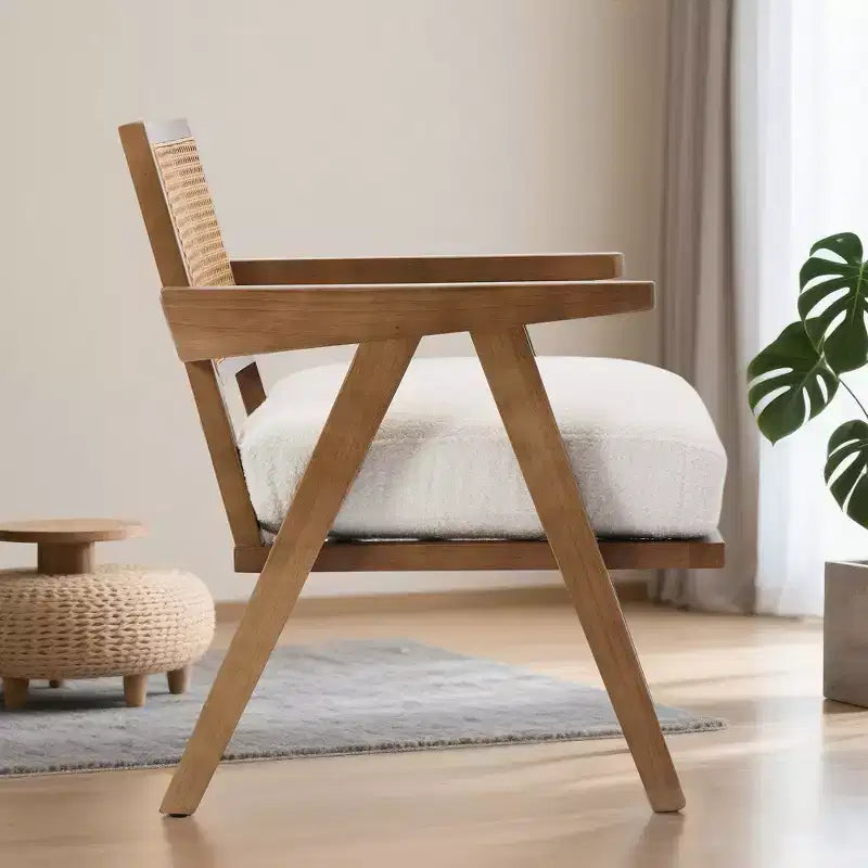Farmhouse Wood Accent Chair,Mid Century Modern Sofa Chair with Sturdy Wood Legs, Rattan Backrest for Bedroom Living Room