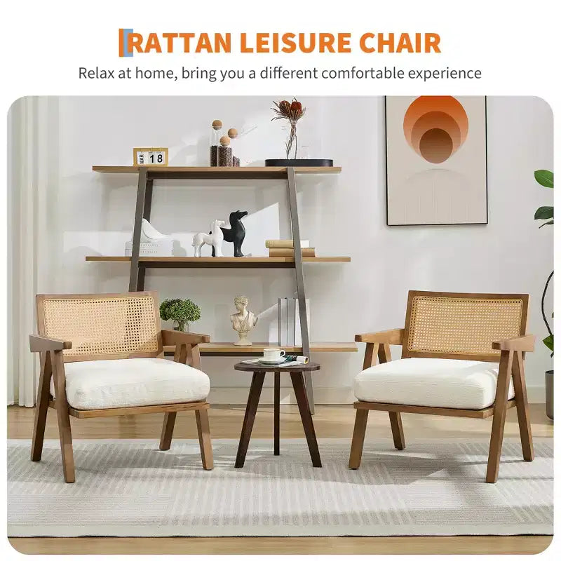Farmhouse Wood Accent Chair,Mid Century Modern Sofa Chair with Sturdy Wood Legs, Rattan Backrest for Bedroom Living Room