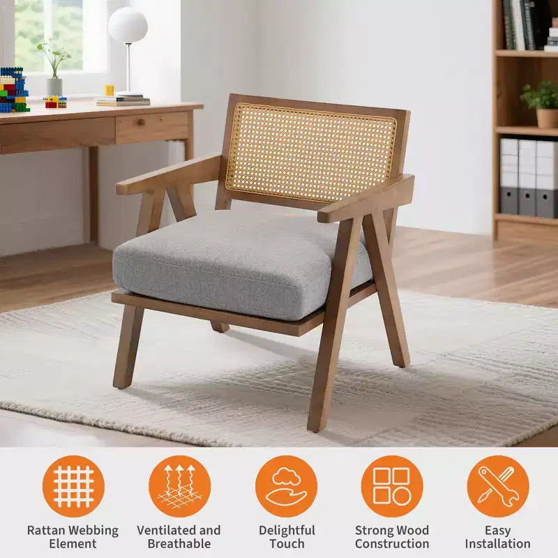 Farmhouse Wood Accent Chair,Mid Century Modern Sofa Chair with Sturdy Wood Legs, Rattan Backrest for Bedroom Living Room