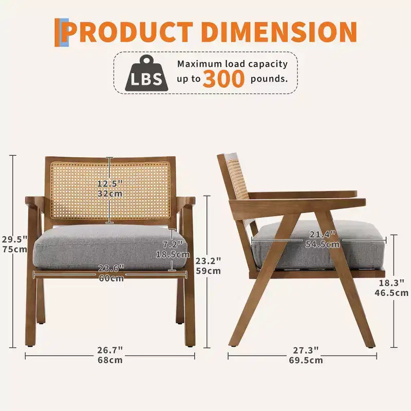 Farmhouse Wood Accent Chair,Mid Century Modern Sofa Chair with Sturdy Wood Legs, Rattan Backrest for Bedroom Living Room