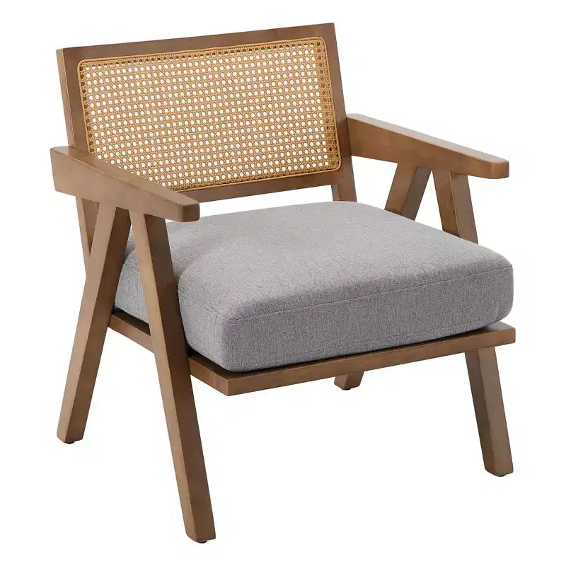 Farmhouse Wood Accent Chair,Mid Century Modern Sofa Chair with Sturdy Wood Legs, Rattan Backrest for Bedroom Living Room