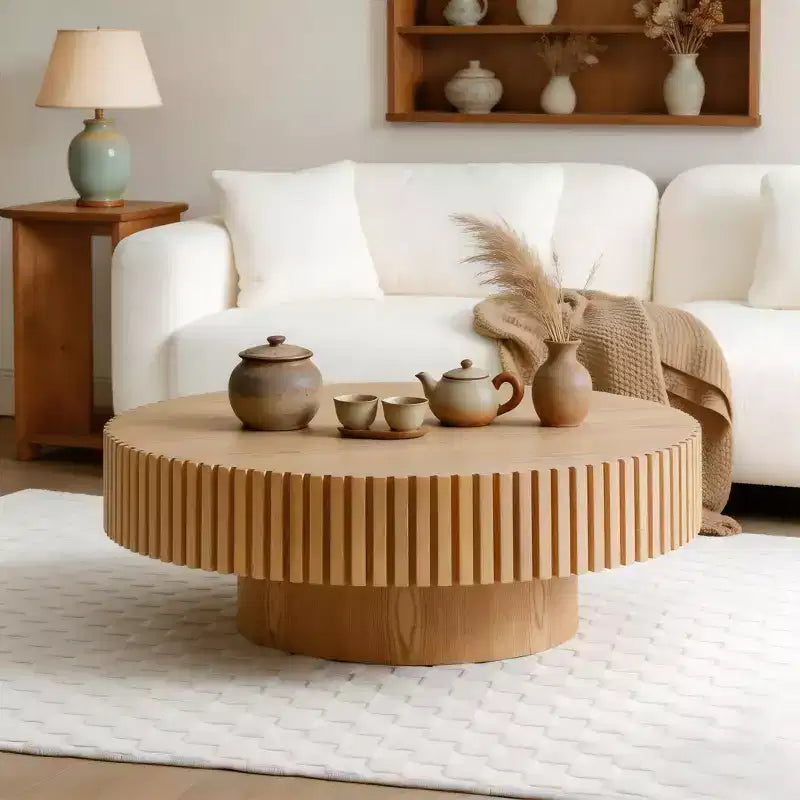 JVNOXK 35.43'' Round Wood Coffee Table for Living Room, Modern Handcraft Drum Coffee Table, Circle Wooden Coffee Table for Small Space Apartment ASH