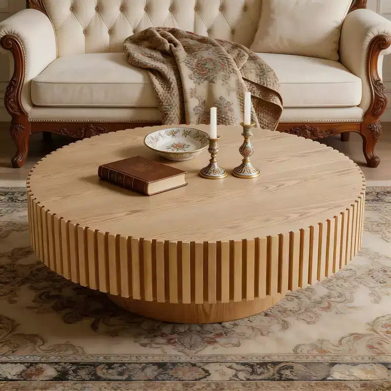 JVNOXK 35.43'' Round Wood Coffee Table for Living Room, Modern Handcraft Drum Coffee Table, Circle Wooden Coffee Table for Small Space Apartment ASH