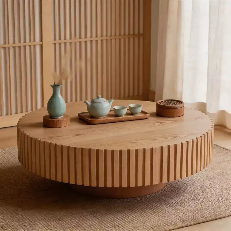 JVNOXK 35.43'' Round Wood Coffee Table for Living Room, Modern Handcraft Drum Coffee Table, Circle Wooden Coffee Table for Small Space Apartment ASH