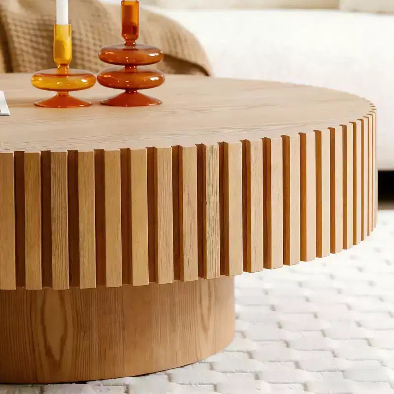 JVNOXK 35.43'' Round Wood Coffee Table for Living Room, Modern Handcraft Drum Coffee Table, Circle Wooden Coffee Table for Small Space Apartment ASH