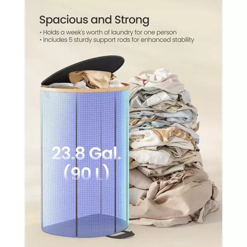 SONGMICS Laundry Hamper, Laundry Basket with Lid, 23.8 Gal. (90 L), with Removable Liner Bag, Ink Black and Light Bamboo