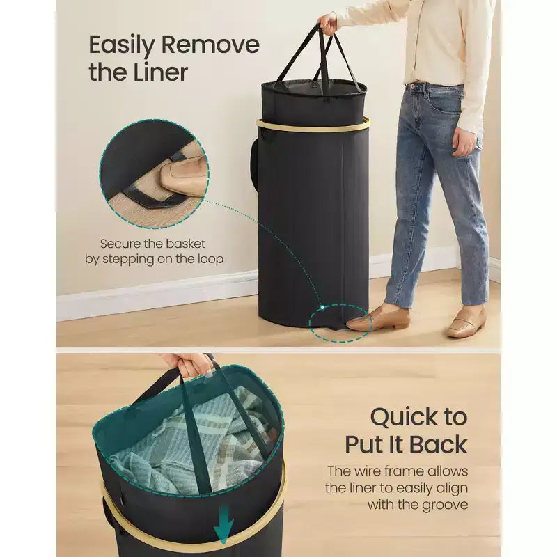 SONGMICS Laundry Hamper, Laundry Basket with Lid, 23.8 Gal. (90 L), with Removable Liner Bag, Ink Black and Light Bamboo