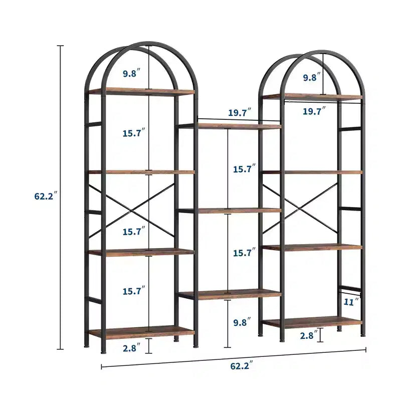 Triple 4 Tier Arched Bookshelf, Large Open Display Bookcase with 11 Shelves, Metal Frame & Wood Shelves, Wide Tall Standing Storage Rack for Bedroom