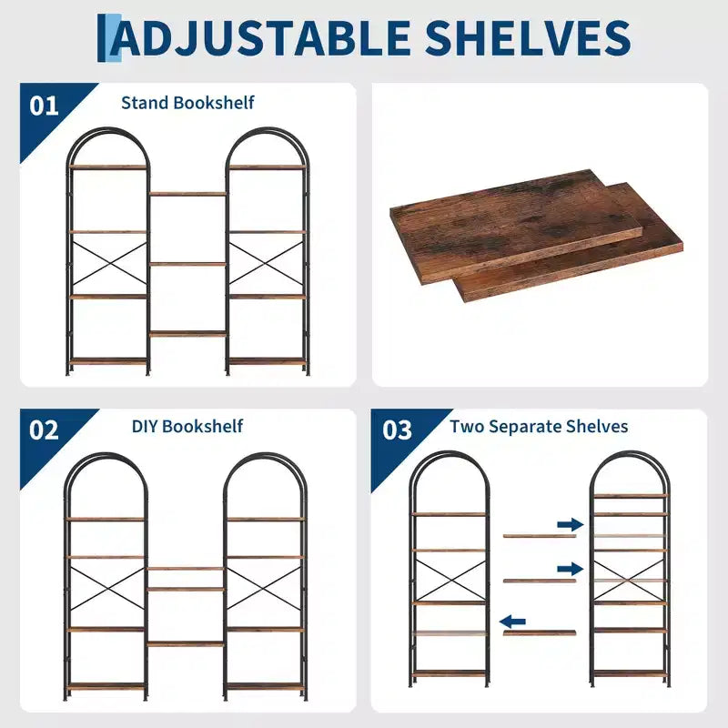 Triple 4 Tier Arched Bookshelf, Large Open Display Bookcase with 11 Shelves, Metal Frame & Wood Shelves, Wide Tall Standing Storage Rack for Bedroom