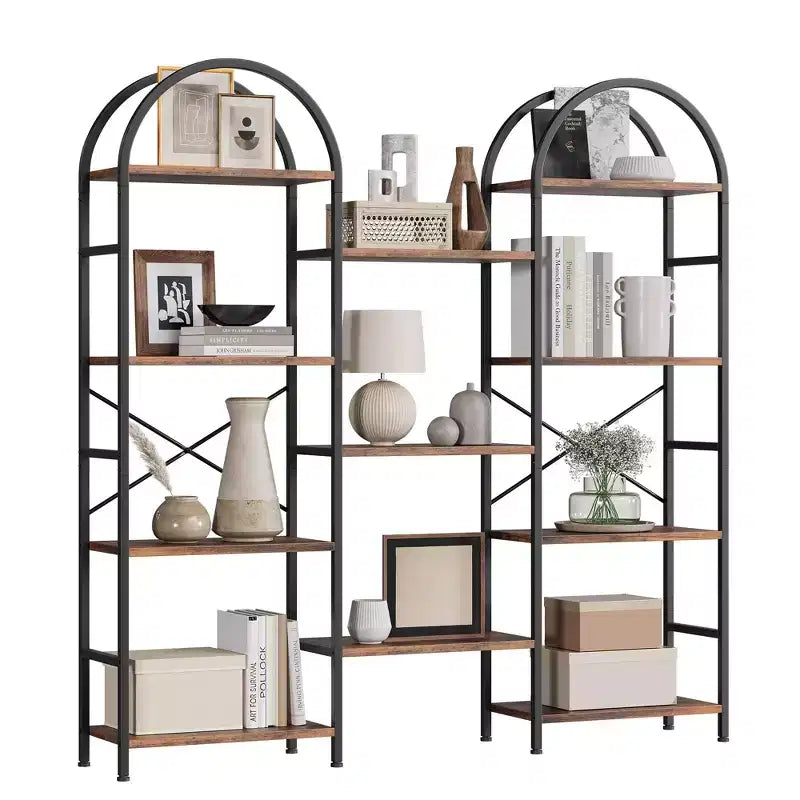 Triple 4 Tier Arched Bookshelf, Large Open Display Bookcase with 11 Shelves, Metal Frame & Wood Shelves, Wide Tall Standing Storage Rack for Bedroom