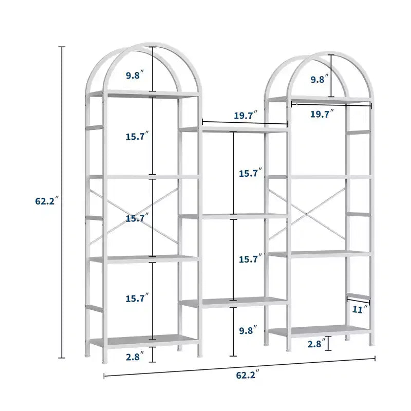 Triple 4 Tier Arched Bookshelf, Large Open Display Bookcase with 11 Shelves, Metal Frame & Wood Shelves, Wide Tall Standing Storage Rack for Bedroom