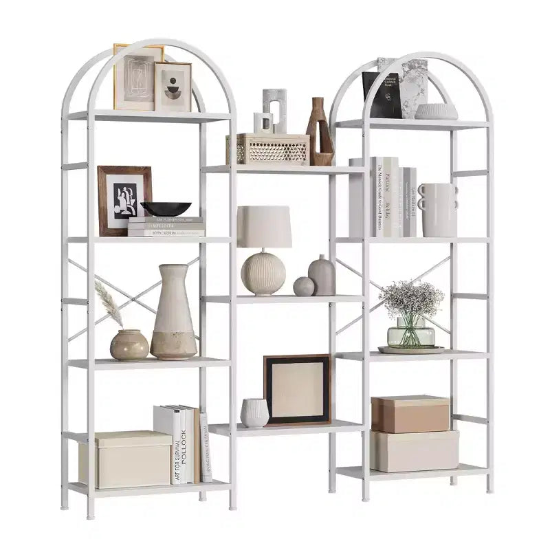 Triple 4 Tier Arched Bookshelf, Large Open Display Bookcase with 11 Shelves, Metal Frame & Wood Shelves, Wide Tall Standing Storage Rack for Bedroom