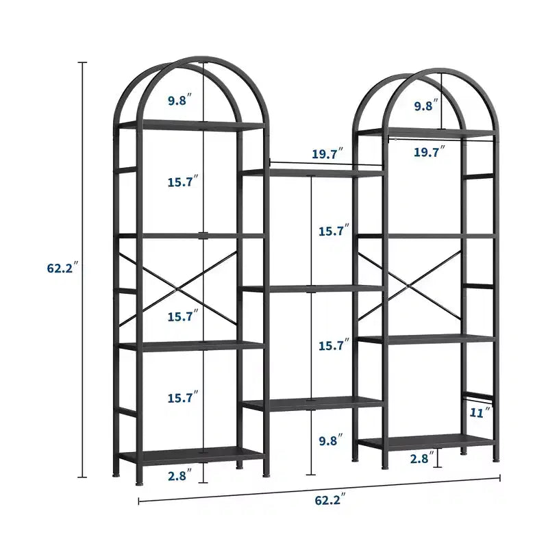 Triple 4 Tier Arched Bookshelf, Large Open Display Bookcase with 11 Shelves, Metal Frame & Wood Shelves, Wide Tall Standing Storage Rack for Bedroom