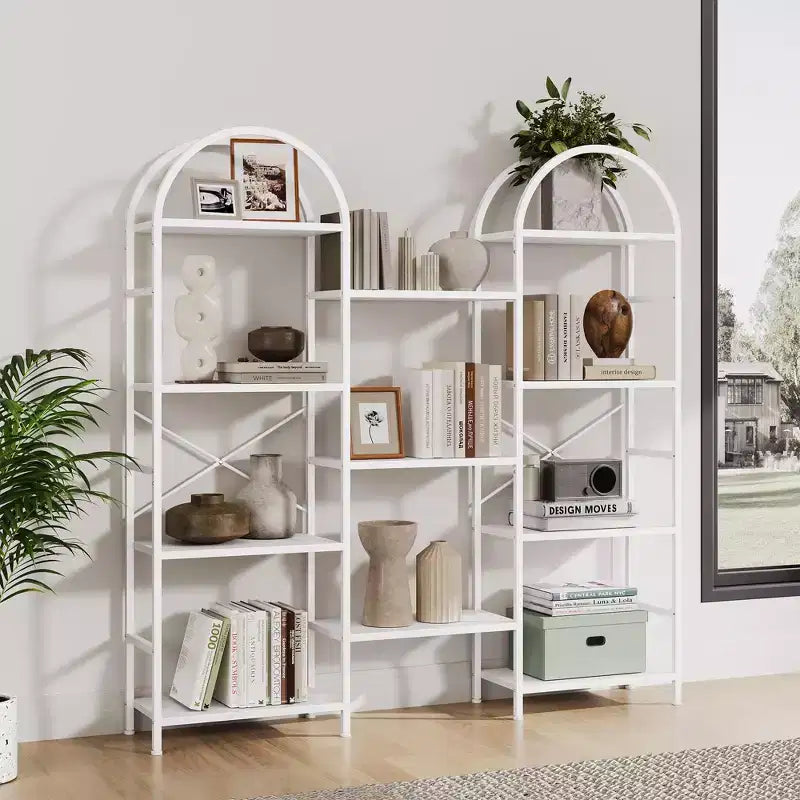 Triple 4 Tier Arched Bookshelf, Large Open Display Bookcase with 11 Shelves, Metal Frame & Wood Shelves, Wide Tall Standing Storage Rack for Bedroom