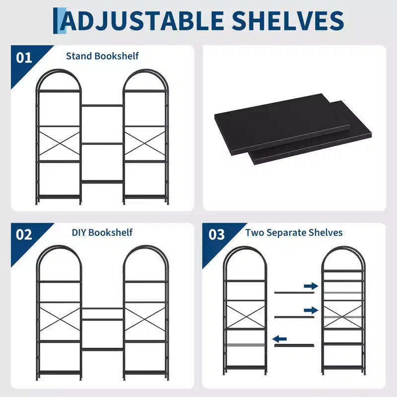 Triple 4 Tier Arched Bookshelf, Large Open Display Bookcase with 11 Shelves, Metal Frame & Wood Shelves, Wide Tall Standing Storage Rack for Bedroom