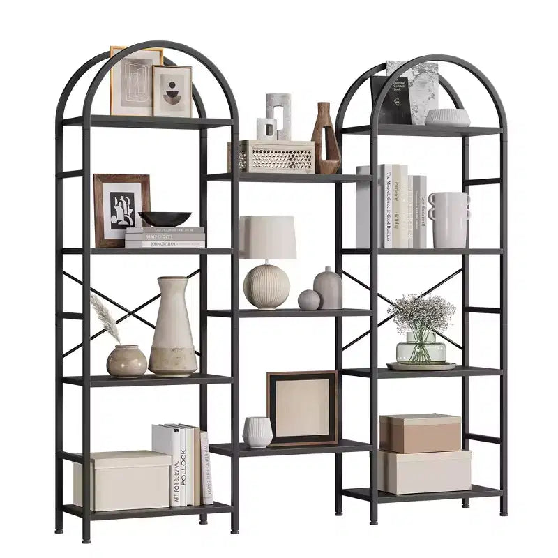 Triple 4 Tier Arched Bookshelf, Large Open Display Bookcase with 11 Shelves, Metal Frame & Wood Shelves, Wide Tall Standing Storage Rack for Bedroom