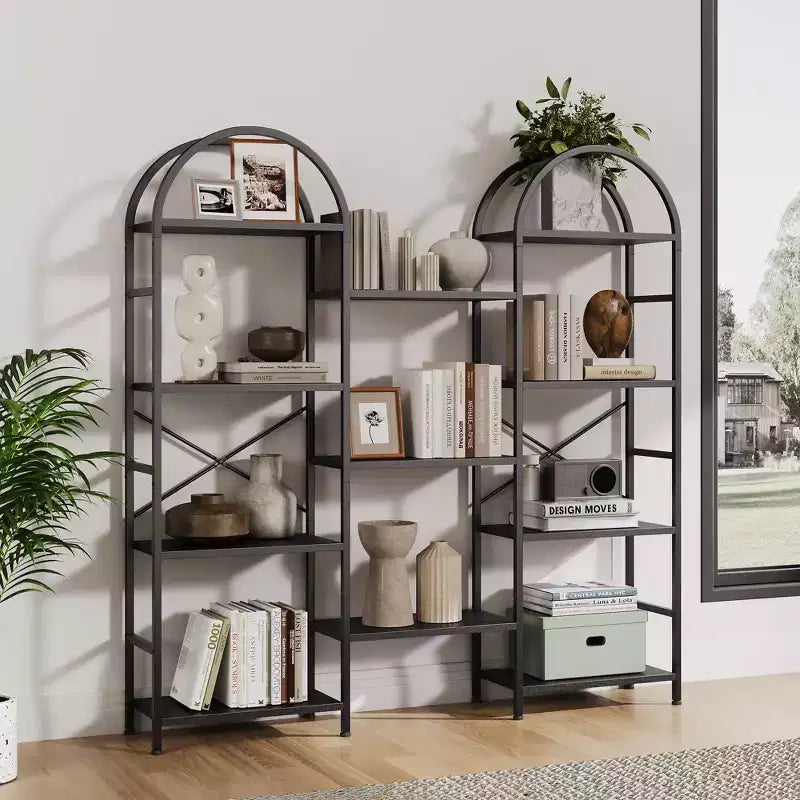 Triple 4 Tier Arched Bookshelf, Large Open Display Bookcase with 11 Shelves, Metal Frame & Wood Shelves, Wide Tall Standing Storage Rack for Bedroom