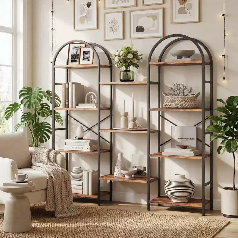 Triple 4 Tier Arched Bookshelf, Large Open Display Bookcase with 11 Shelves, Metal Frame & Wood Shelves, Wide Tall Standing Storage Rack for Bedroom