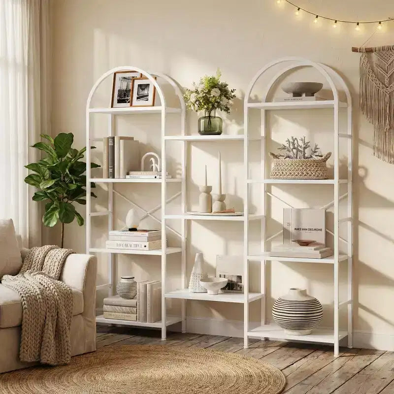 Triple 4 Tier Arched Bookshelf, Large Open Display Bookcase with 11 Shelves, Metal Frame & Wood Shelves, Wide Tall Standing Storage Rack for Bedroom