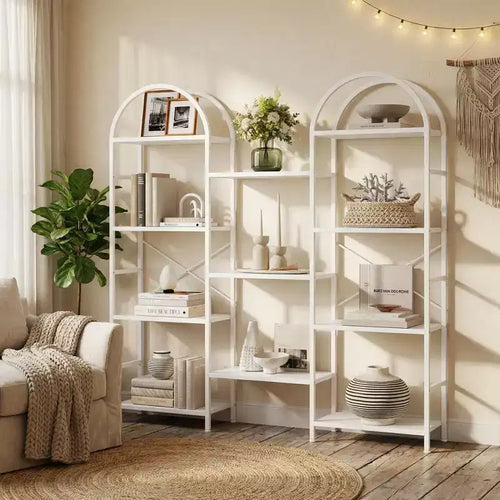 Triple 4 Tier Arched Bookshelf, Large Open Display Bookcase with 11 Shelves, Metal Frame & Wood Shelves, Wide Tall Standing Storage Rack for Bedroom