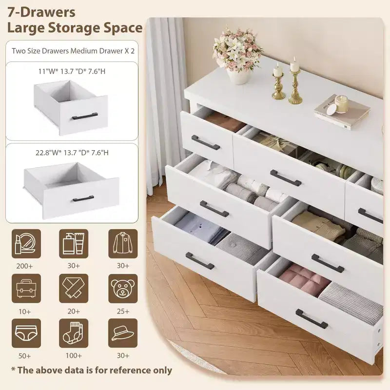 Modern 7-Drawer Dresser Wooden Chest of Drawers with Metal Handles Large Storage Capacity Ideal for Bedroom, Living Room, Hallway, Nursery