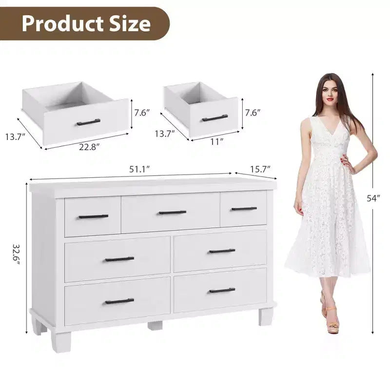 Modern 7-Drawer Dresser Wooden Chest of Drawers with Metal Handles Large Storage Capacity Ideal for Bedroom, Living Room, Hallway, Nursery
